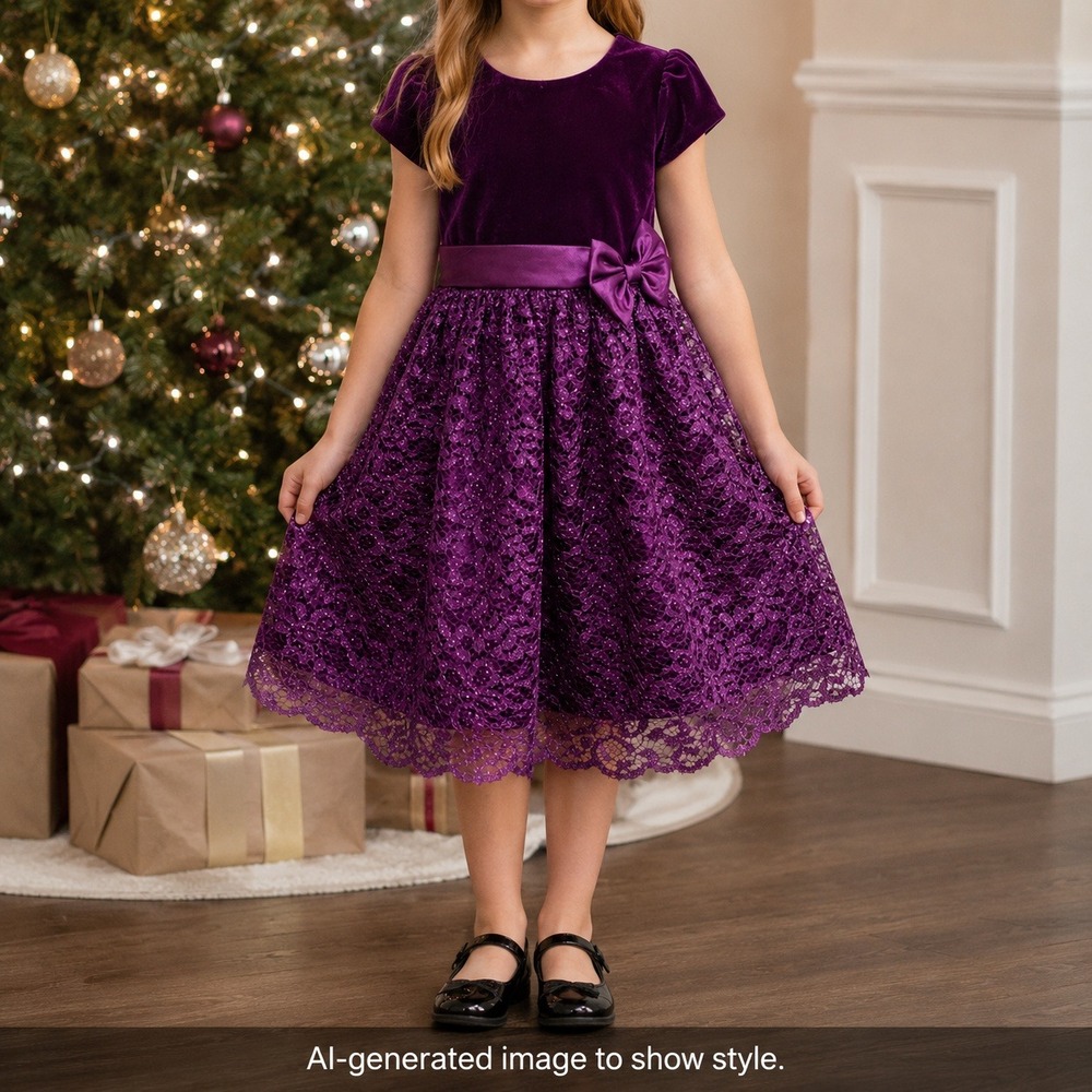 Jona Michelle Girls Purple Velvet Lace Glitter Holiday Party Dress Size 7 NWT